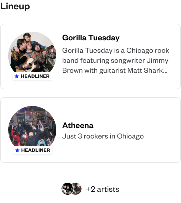 Example 1 of music lineup exploration. Shows 2 headliners and a small treatment for other artists.